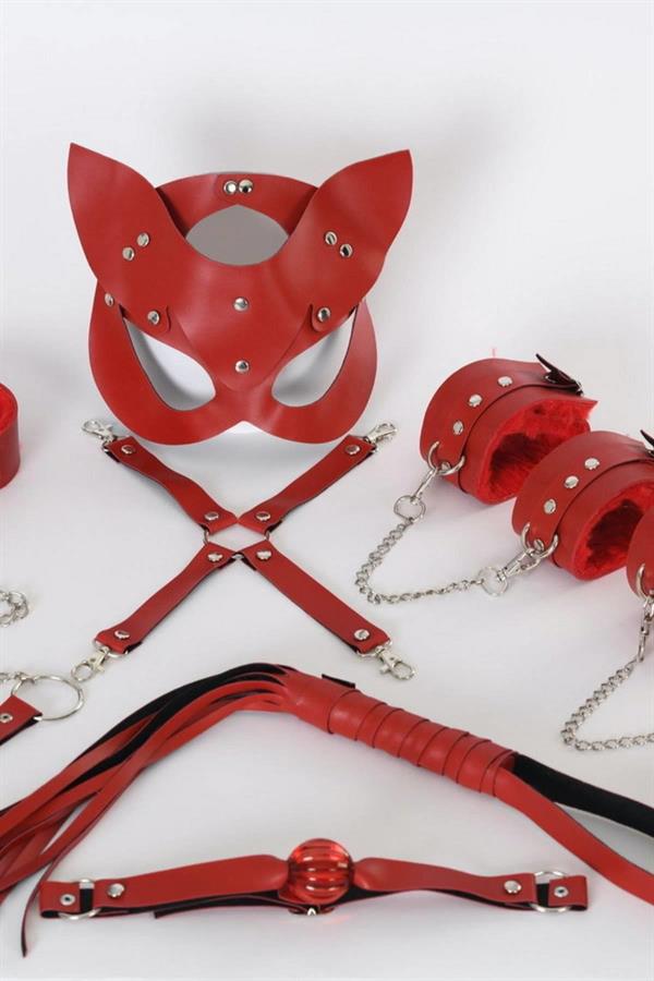 Kırmızı İçi Tüylü Maske,Kol,Bacak,Ağız Topu,Kırbaç,Tasma Harness Set
