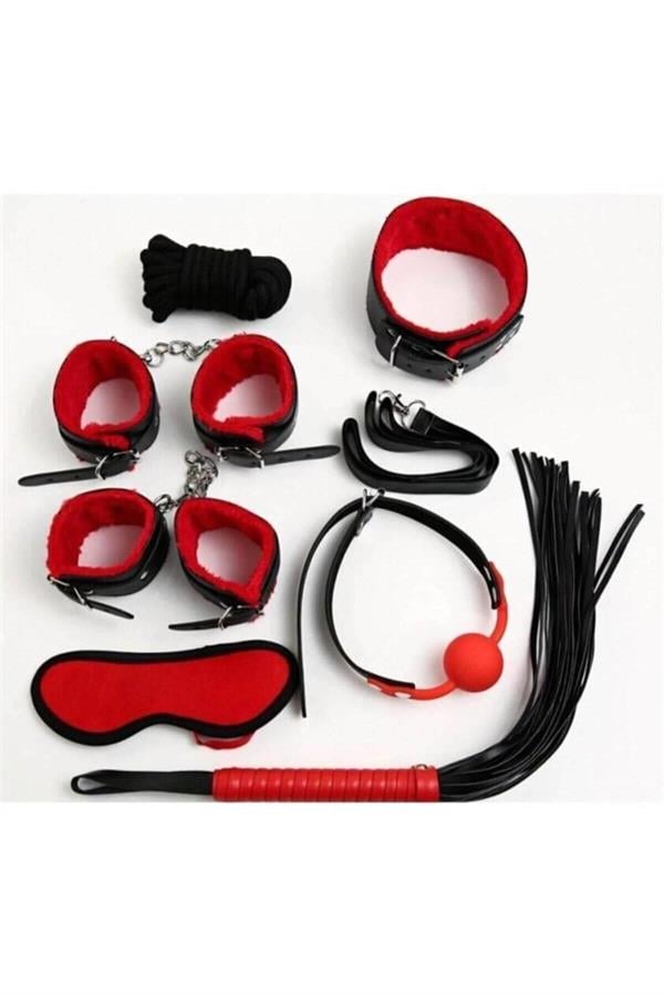 Kırmızı/Siyah İçi Tüylü Deri 7'li Harness Set
