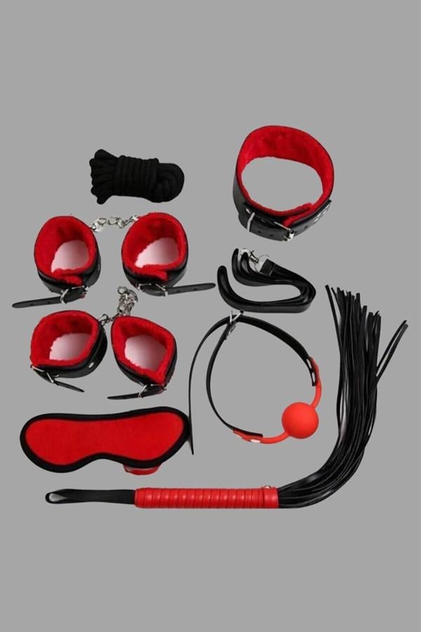 Kırmızı/Siyah İçi Tüylü Deri 7'li Harness Set