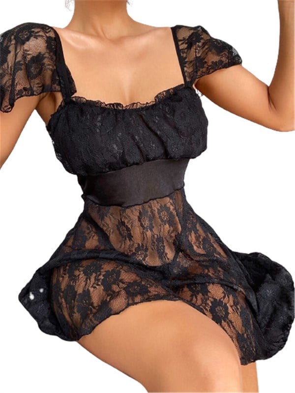 Alt Kısmı Tül Üst Kısmı Jarse Mini Fantazi Siyah Gecelik