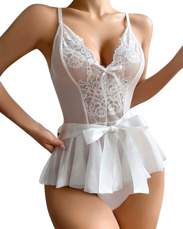 Beyaz Dantel İşlemeli Kurdelalı Fantezi Tül Babydoll