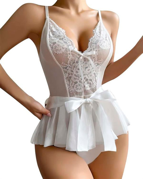 Beyaz Dantel İşlemeli Kurdelalı Fantezi Tül Babydoll