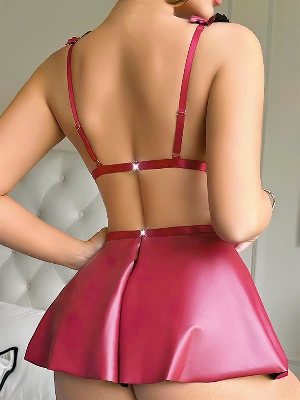 Bordo Göğüs Dekolteli Mini Etekli Fantezi Deri Takım