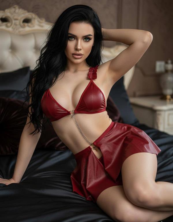 Bordo Göğüs Dekolteli Mini Etekli Fantezi Deri Takım