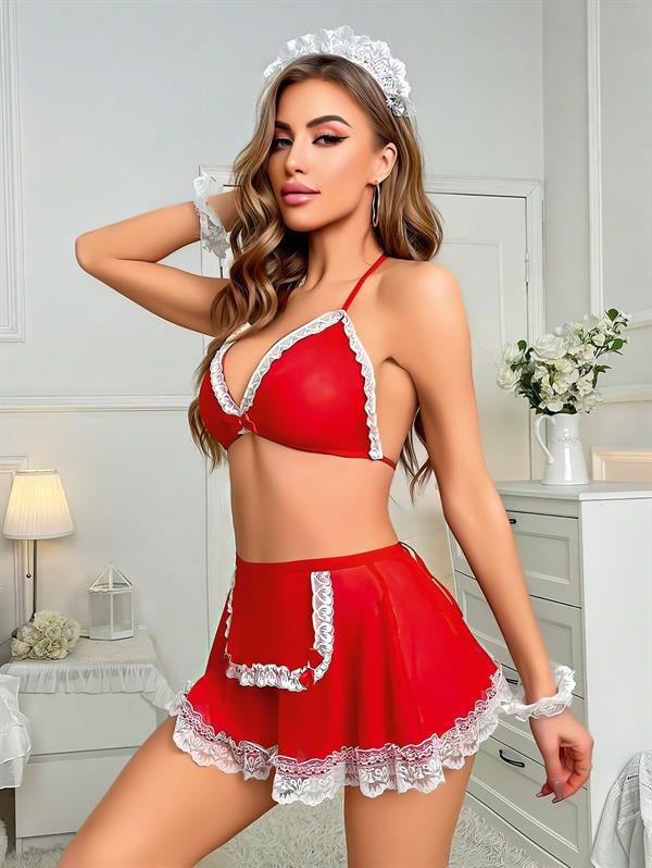 Kırmızı Beyaz Dantel İşlemeli Fantezi Hizmetçi Kostümü