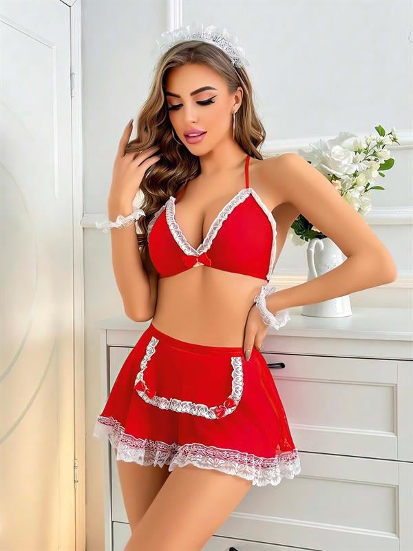 Kırmızı Beyaz Dantel İşlemeli Fantezi Hizmetçi Kostümü