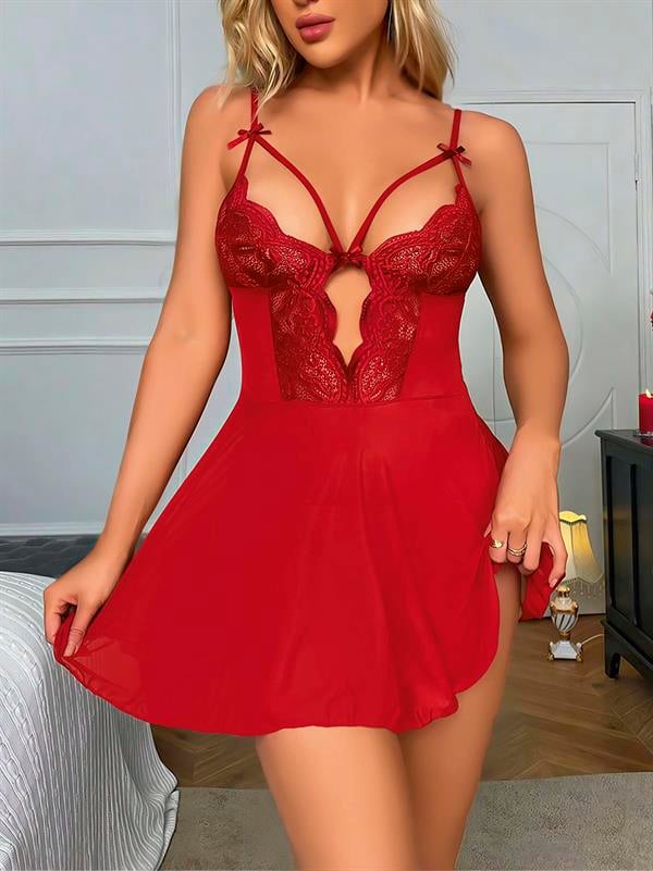 Kırmızı Dantel İşlemeli Göğüs İp Detaylı Fantezi Tül Gecelik Takımı